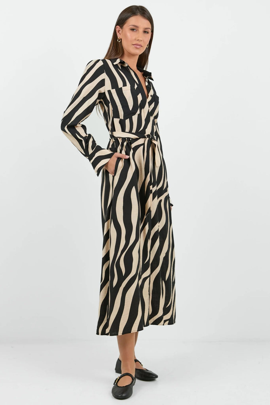 Cyprus Black and Cream Safari LS Shirt Midi Dress - Chillis & More NZ