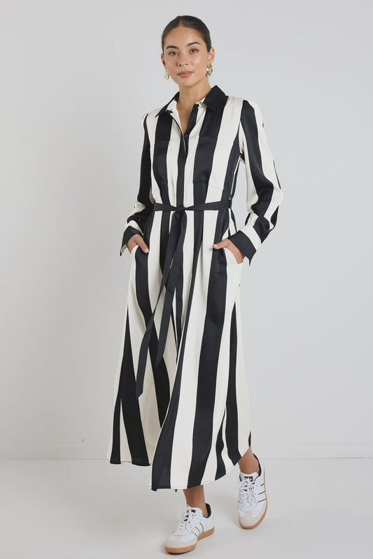 Cyprus Black White Stripe Satin LS Shirt Midi Dress - Chillis & More NZ