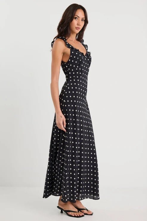 Delightful Black Polka Dot Satin Bias Slip Maxi Dress - Chillis & More NZ