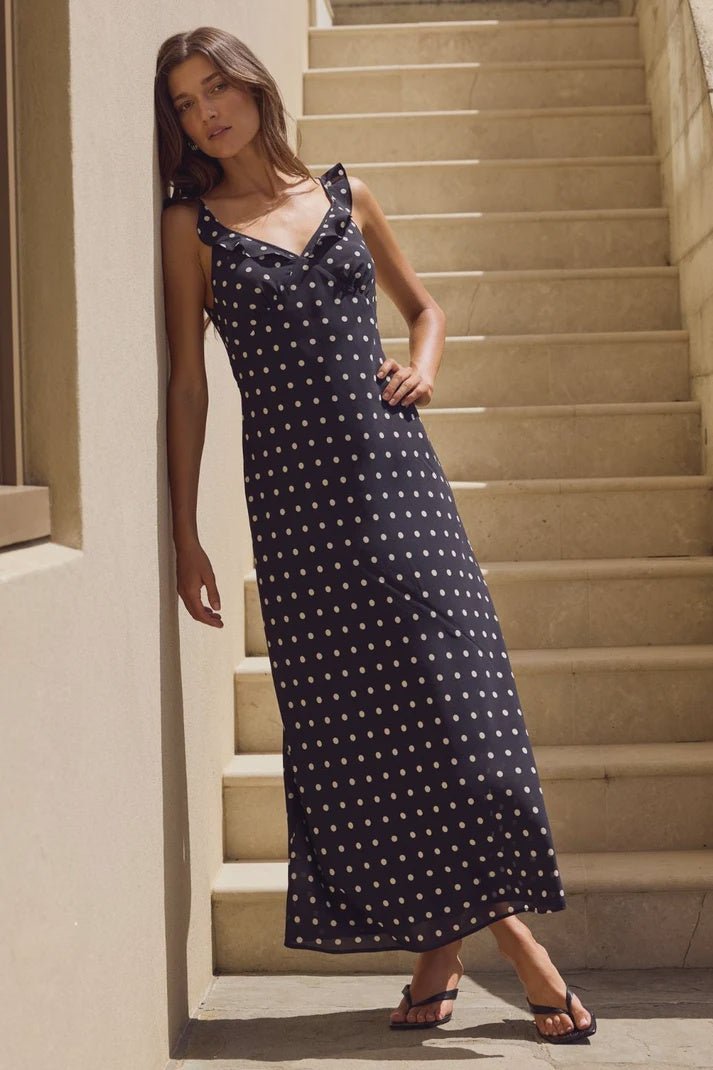 Delightful Black Polka Dot Satin Bias Slip Maxi Dress - Chillis & More NZ