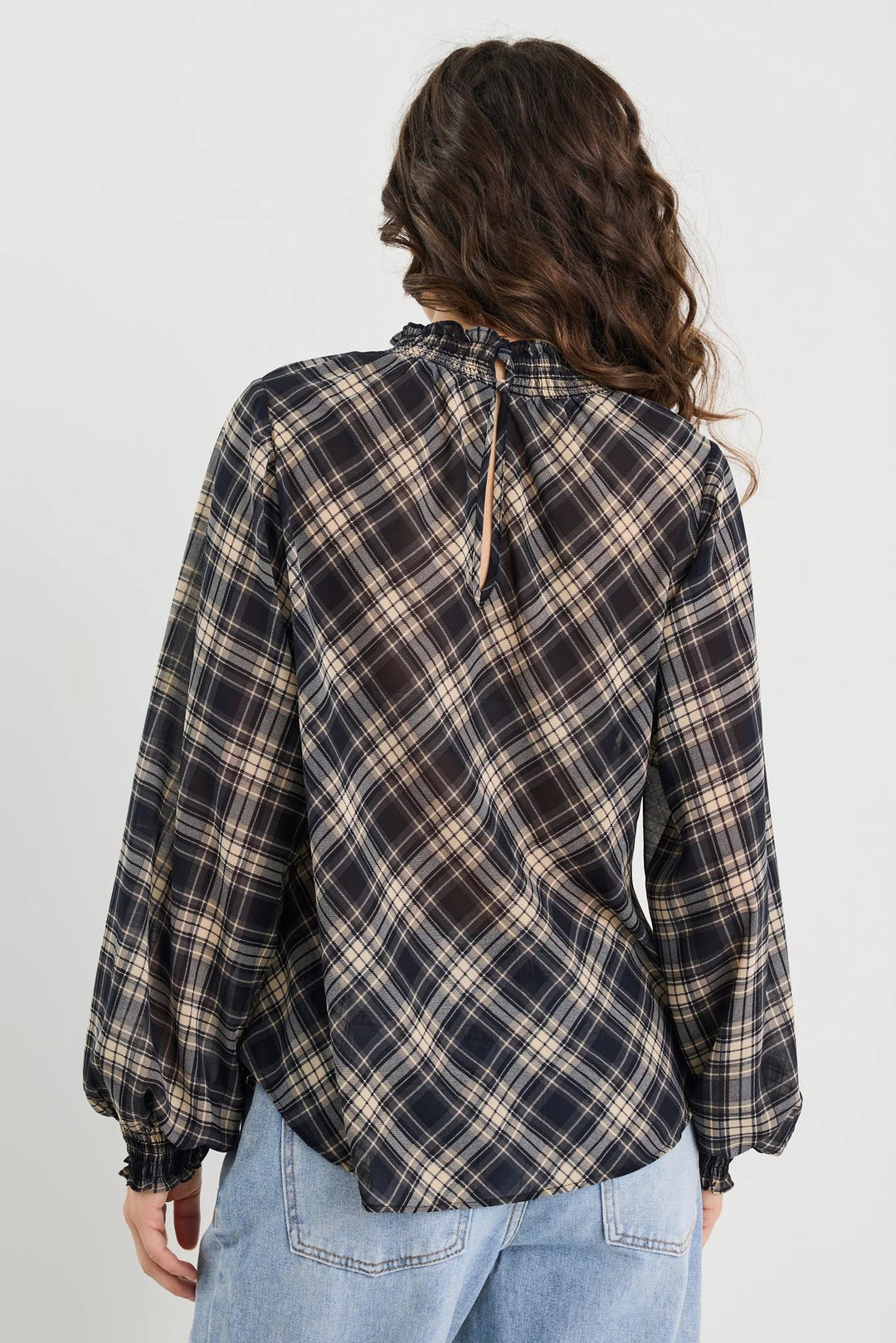 Embrace Black Check Chiffon Shirred Neck LS Top - Chillis & More NZ