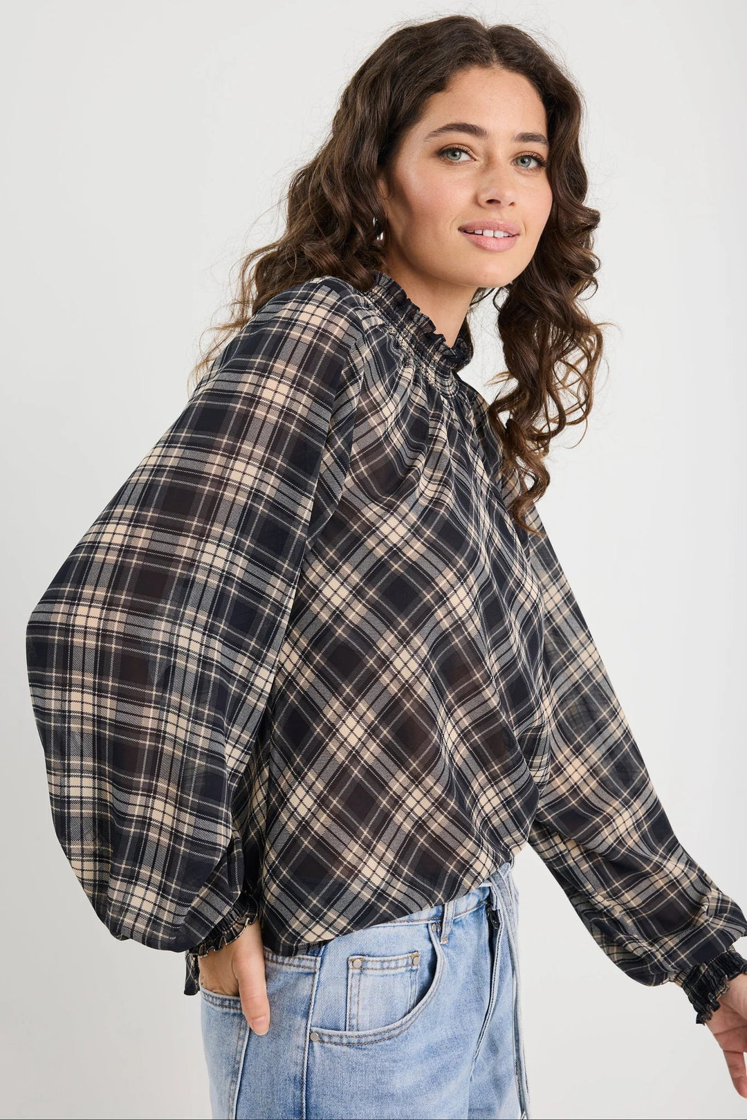 Embrace Black Check Chiffon Shirred Neck LS Top - Chillis & More NZ
