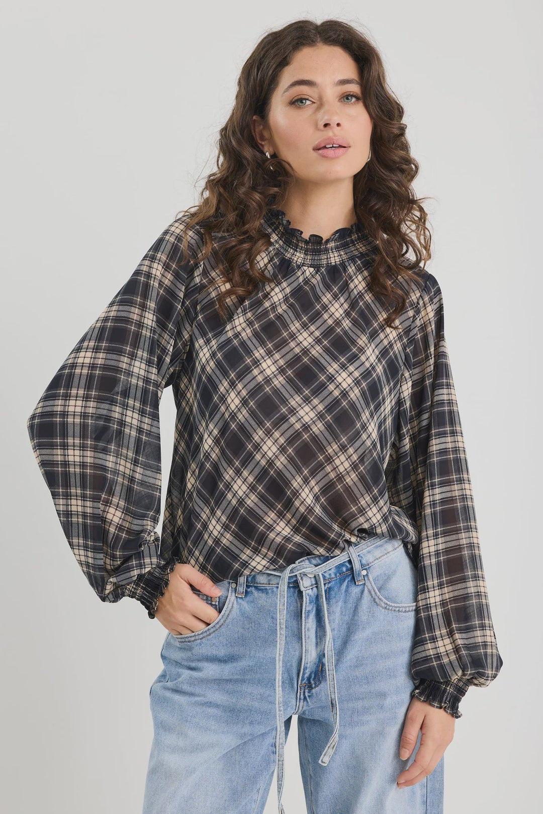 Embrace Black Check Chiffon Shirred Neck LS Top - Chillis & More NZ
