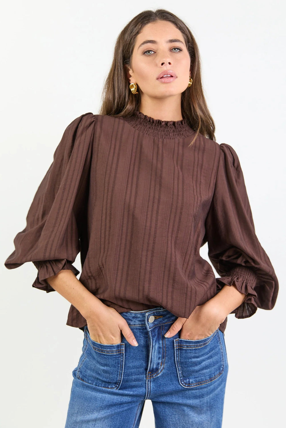 Embrace Chocolate Self Stripe Shirred Neck LS Top - Chillis & More NZ