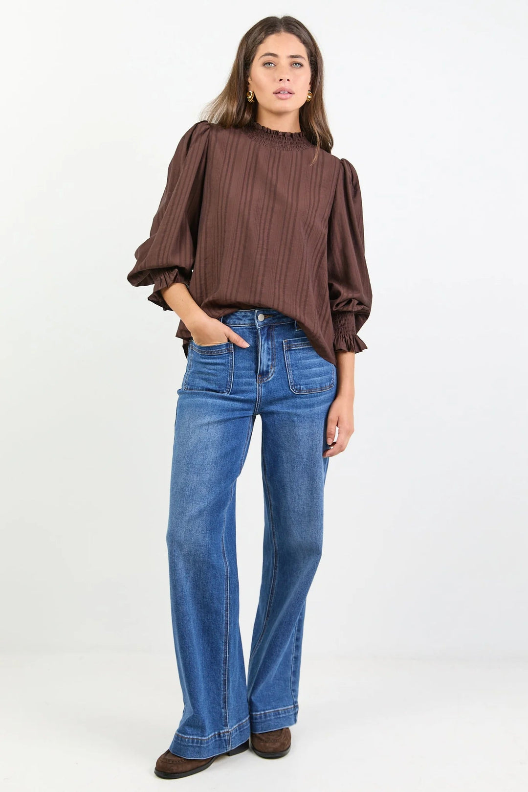 Embrace Chocolate Self Stripe Shirred Neck LS Top - Chillis & More NZ