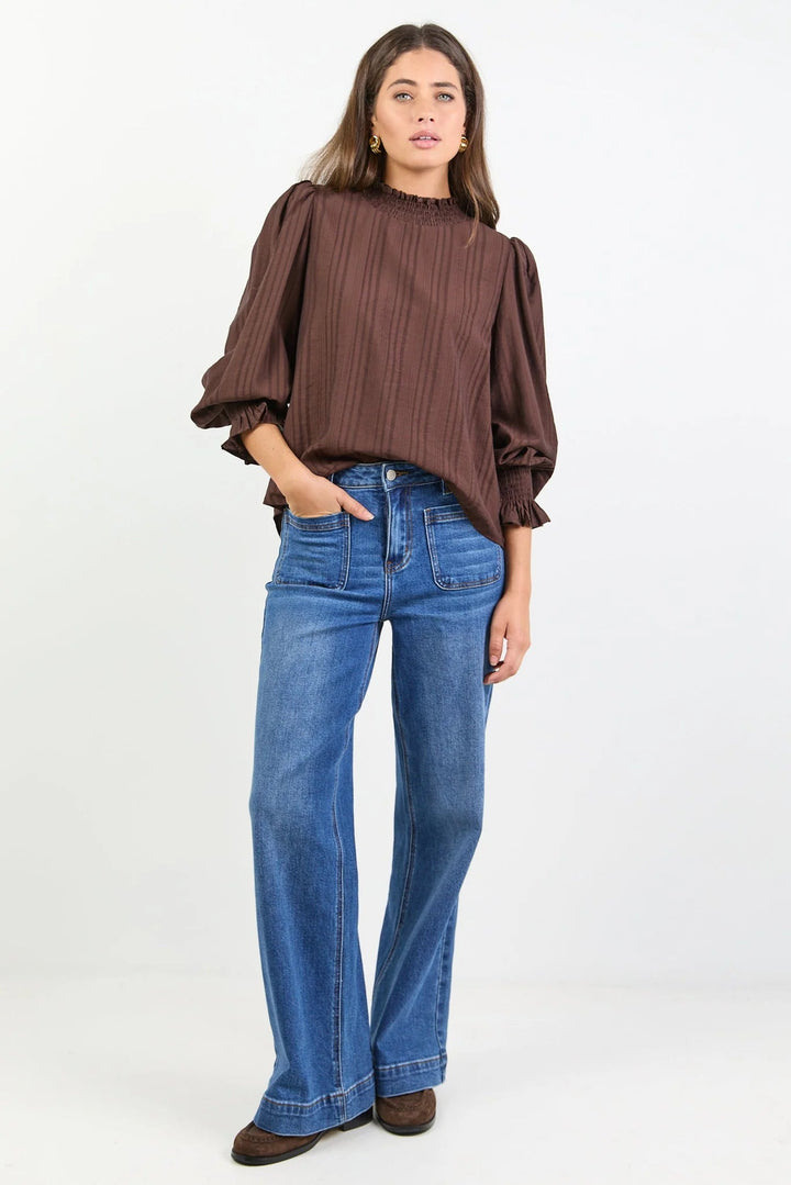 Embrace Chocolate Self Stripe Shirred Neck LS Top - Chillis & More NZ