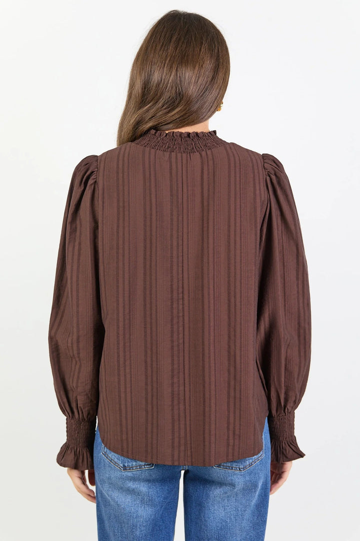 Embrace Chocolate Self Stripe Shirred Neck LS Top - Chillis & More NZ