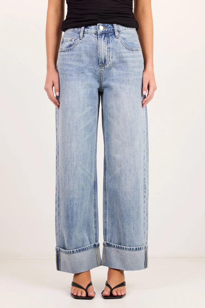Emerge Washed Out Blue Turn Up Long Jeans - Washed Out Blue - Chillis & More NZ