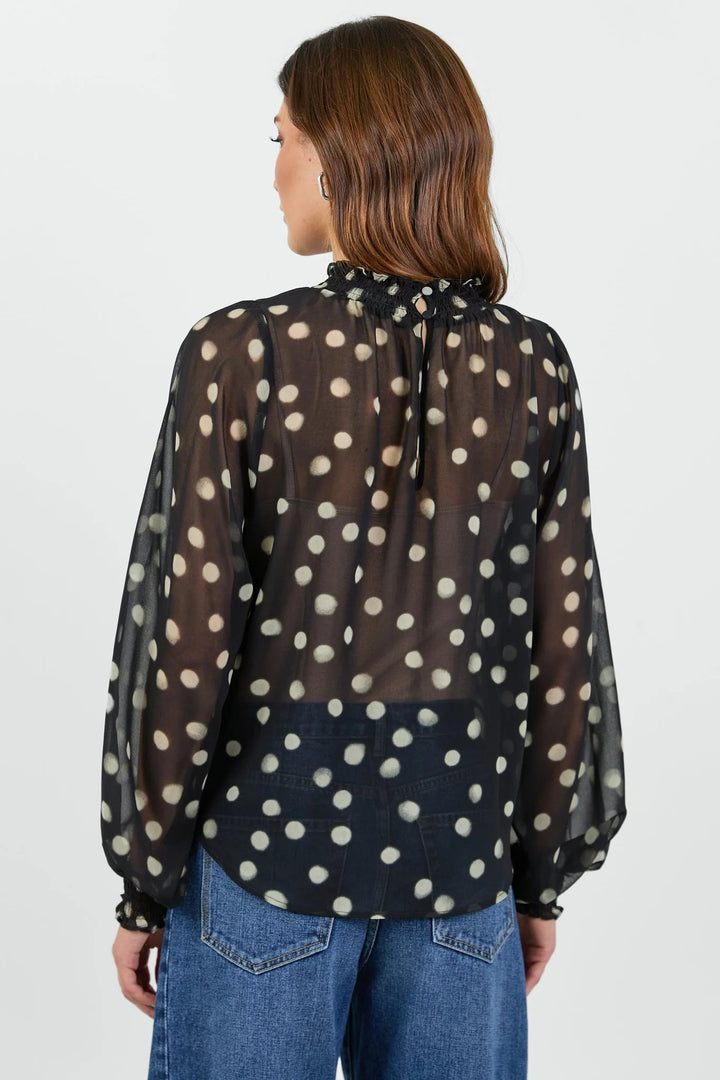 Emphatic Black Polka Dot Georgette High Neck LS Top - Chillis & More NZ