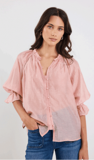 Encounter Blush Textured SS Gathered Button Front Top - Chillis & More NZ