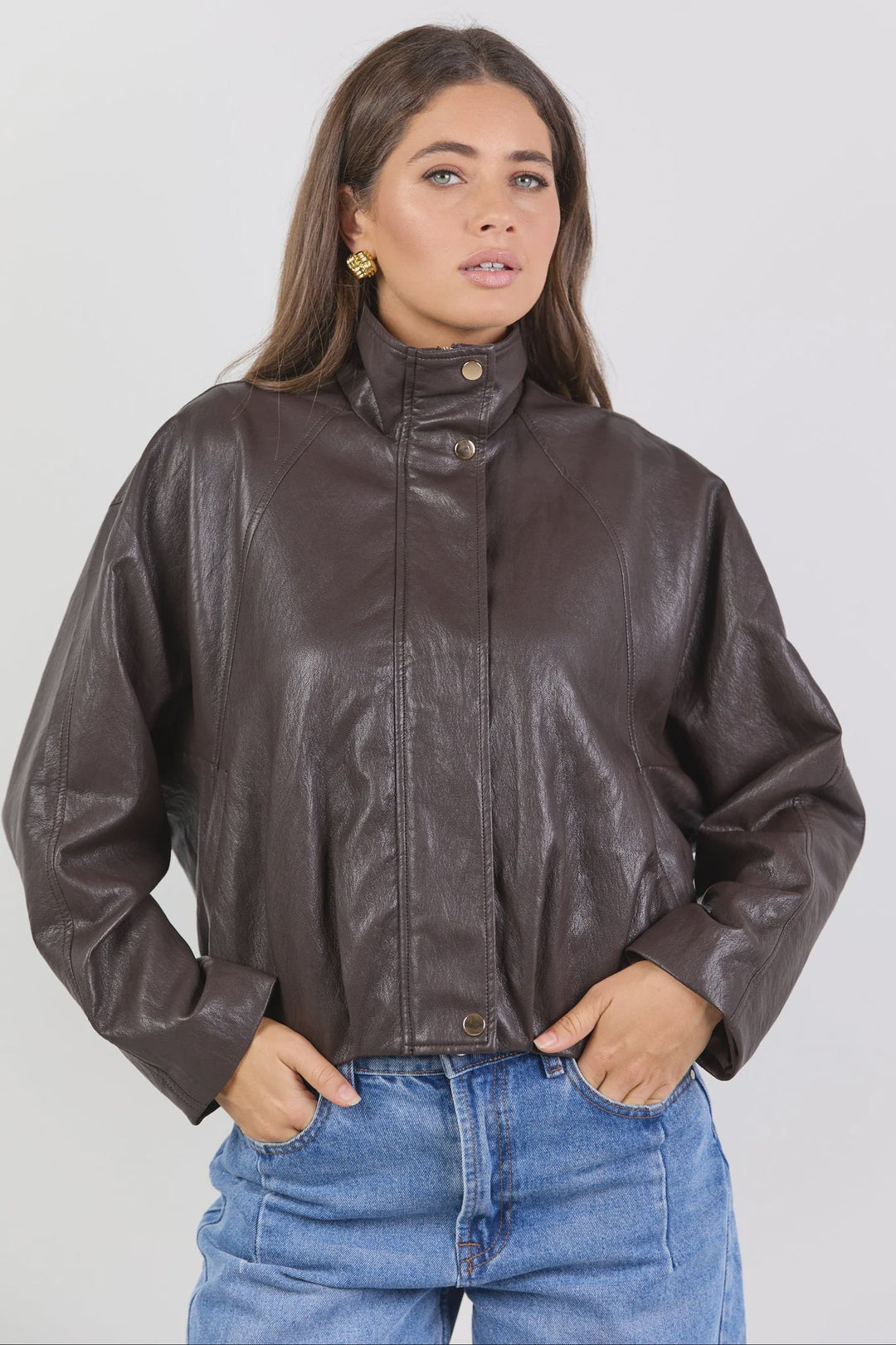 Ensemble Chocolate Faux Leather Funnel Neck Zip Through Jacket - Chillis & More NZ