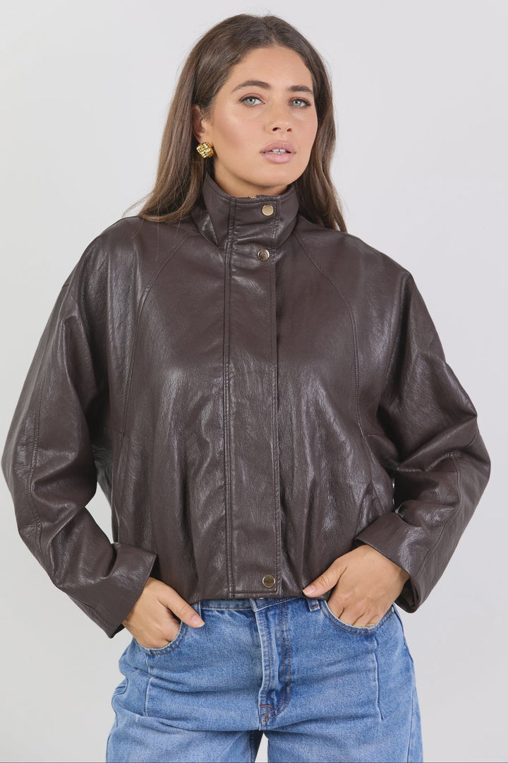 Ensemble Chocolate Faux Leather Funnel Neck Zip Through Jacket - Chillis & More NZ