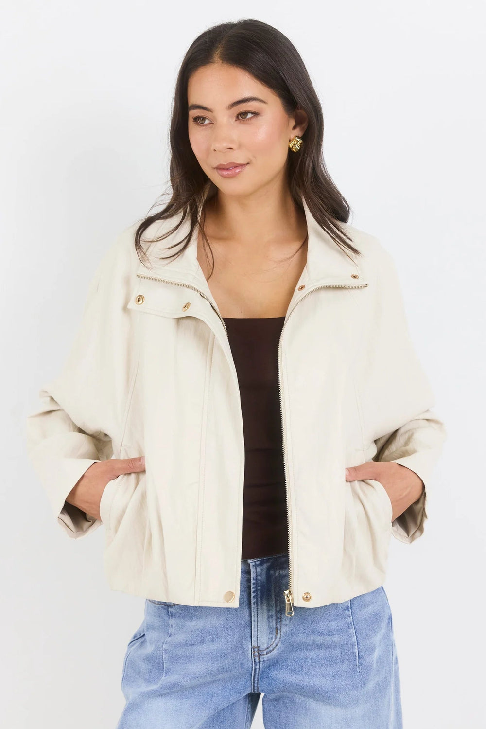 Ensemble Putty Faux Leather Funnel Neck Zip Through Bomber Jacket - Chillis & More NZ
