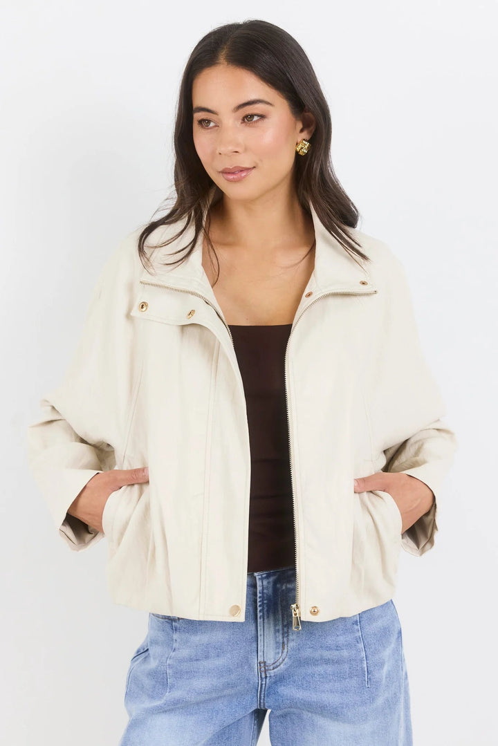 Ensemble Putty Faux Leather Funnel Neck Zip Through Bomber Jacket - Chillis & More NZ
