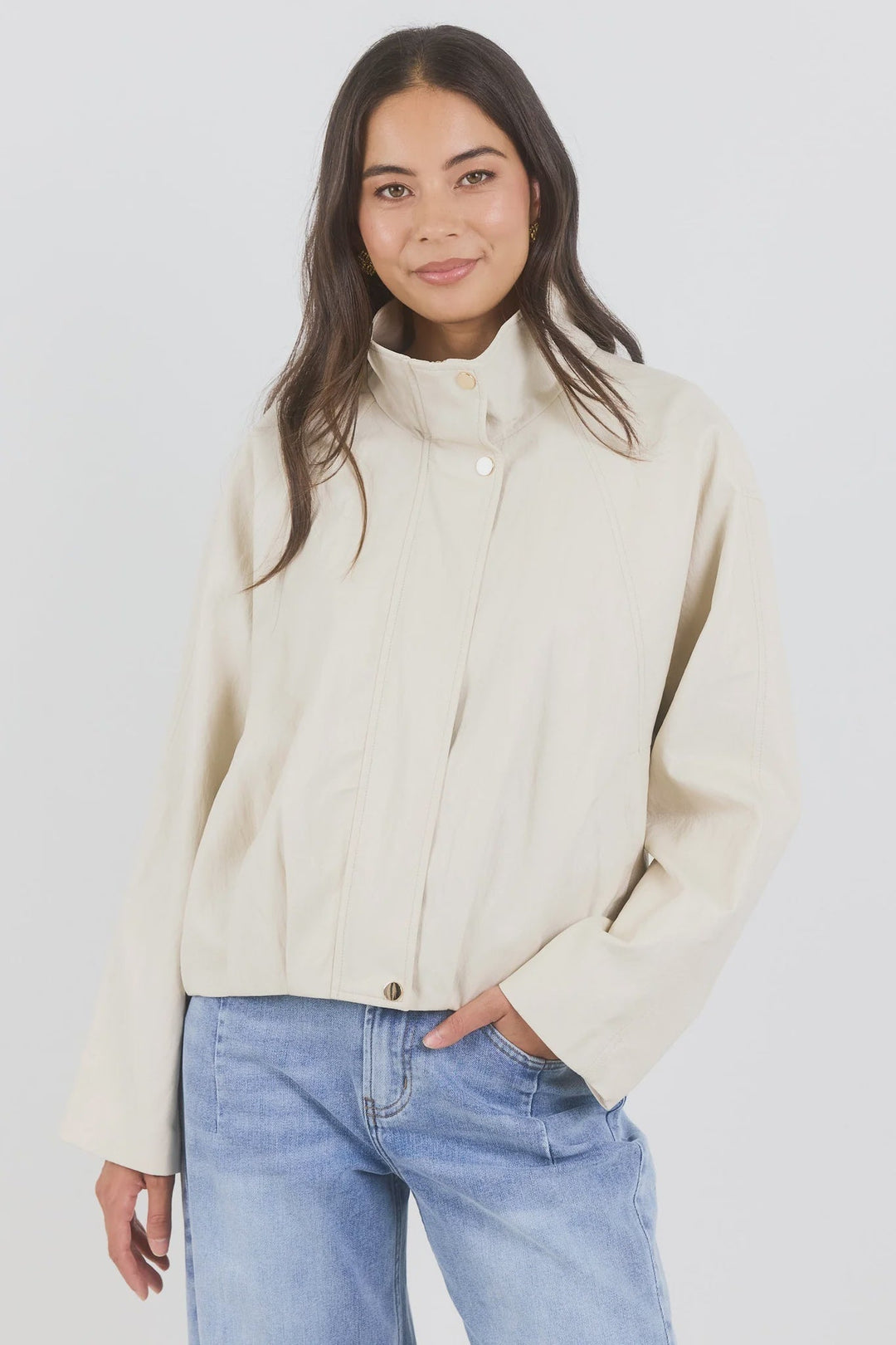Ensemble Putty Faux Leather Funnel Neck Zip Through Bomber Jacket - Chillis & More NZ