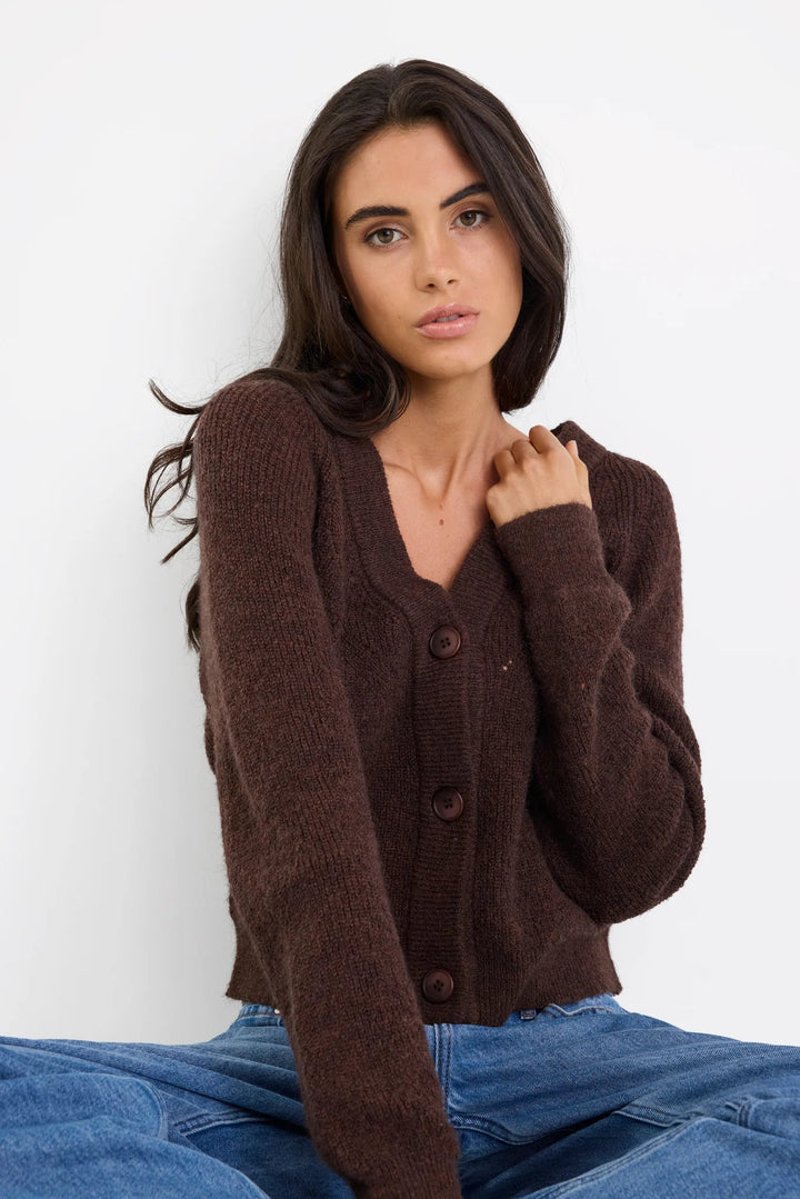 Essence Chocolate V Neck Rib Knit Cardigan - Chillis & More NZ