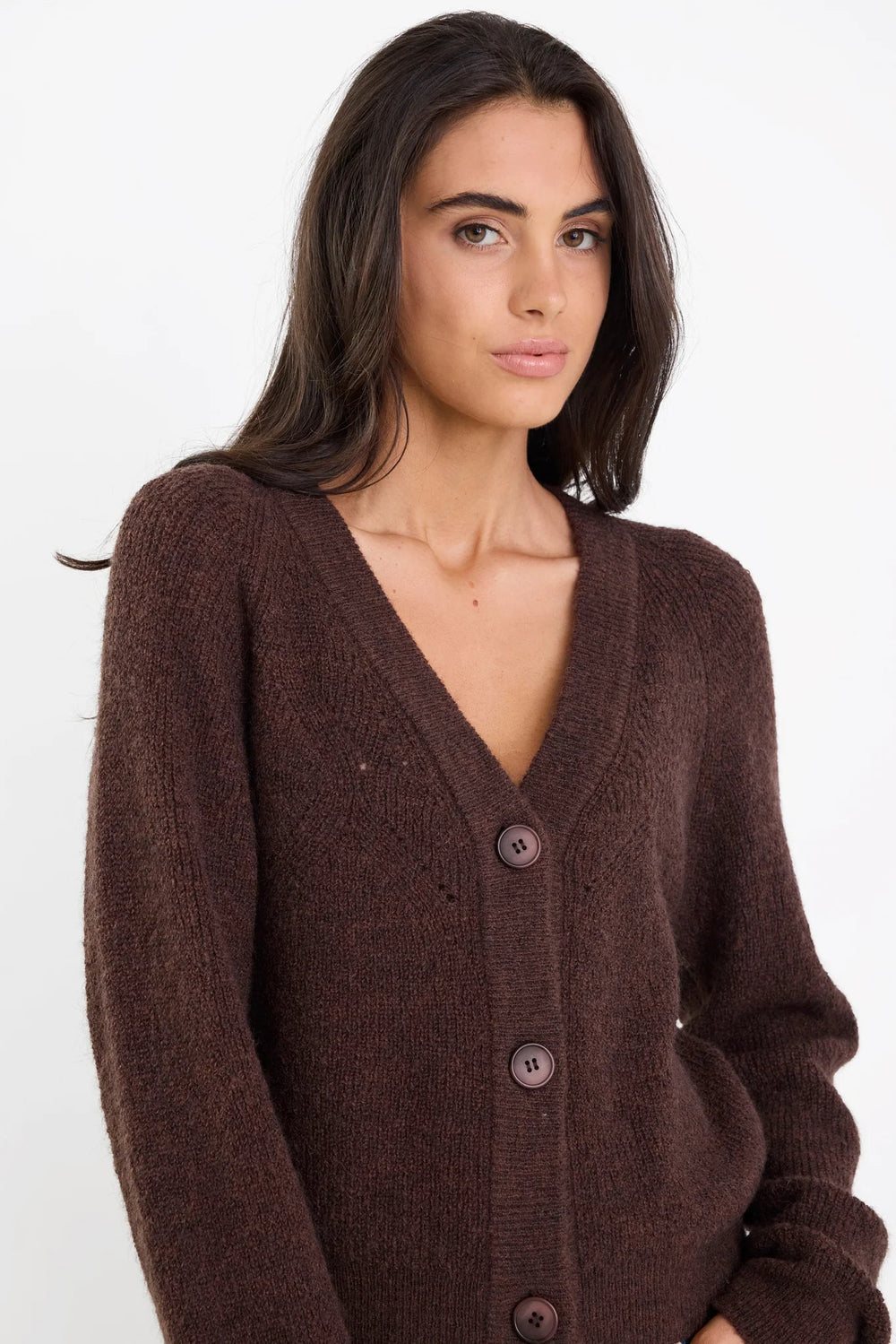 Essence Chocolate V Neck Rib Knit Cardigan - Chillis & More NZ