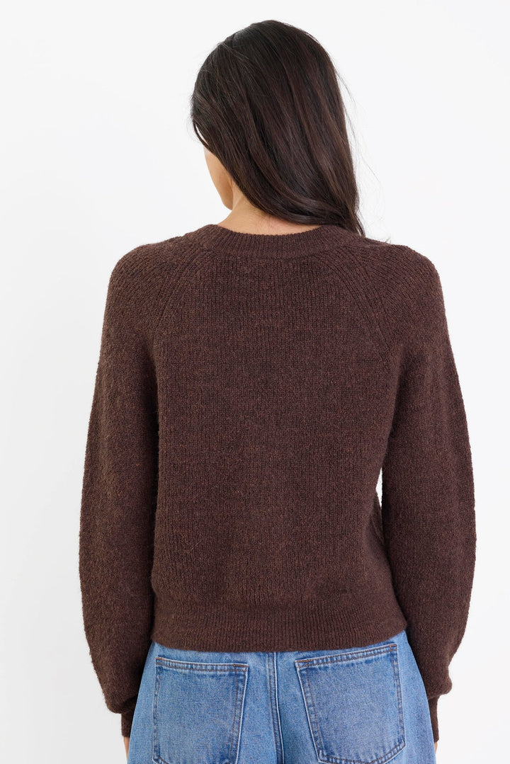Essence Chocolate V Neck Rib Knit Cardigan - Chillis & More NZ