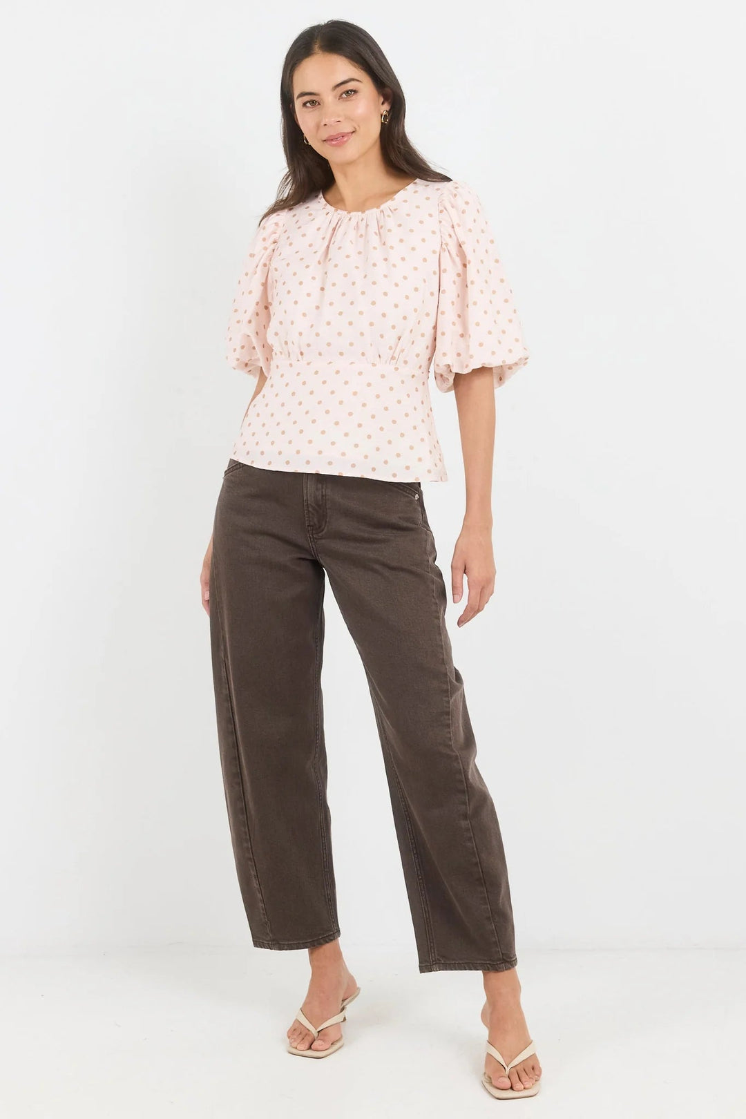 Eventual Blush Chocolate Polka Dot Mid Sleeve Fit and Flare Top - Chillis & More NZ