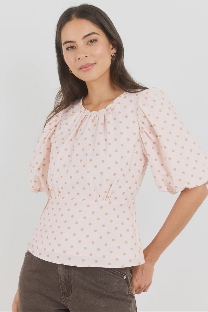 Eventual Blush Chocolate Polka Dot Mid Sleeve Fit and Flare Top - Chillis & More NZ