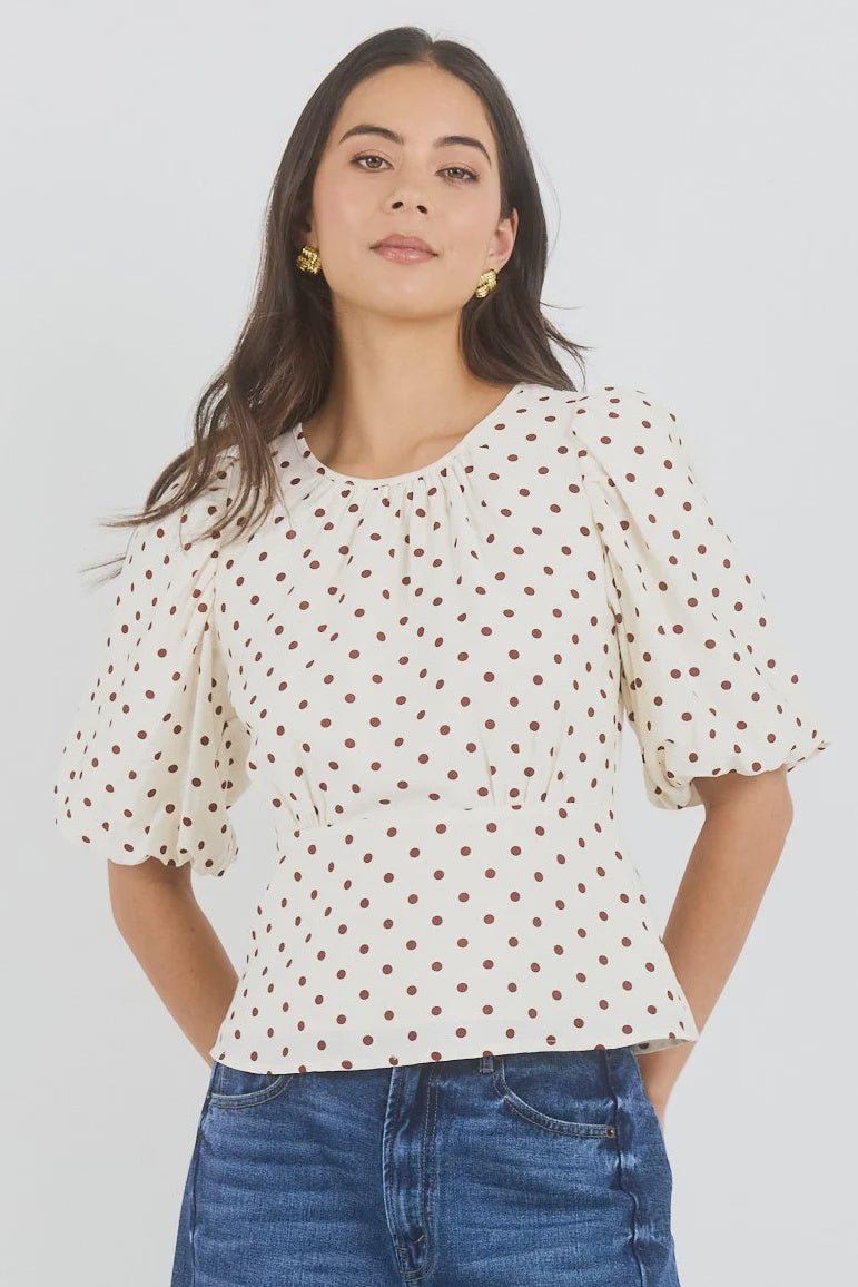 Eventual Ivory Chocolate Polka Dot Mid Sleeve Fit and Flare Top - Chillis & More NZ