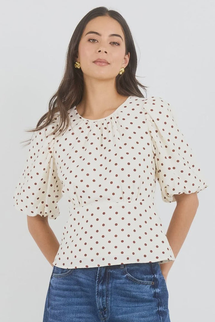 Eventual Ivory Chocolate Polka Dot Mid Sleeve Fit and Flare Top - Chillis & More NZ
