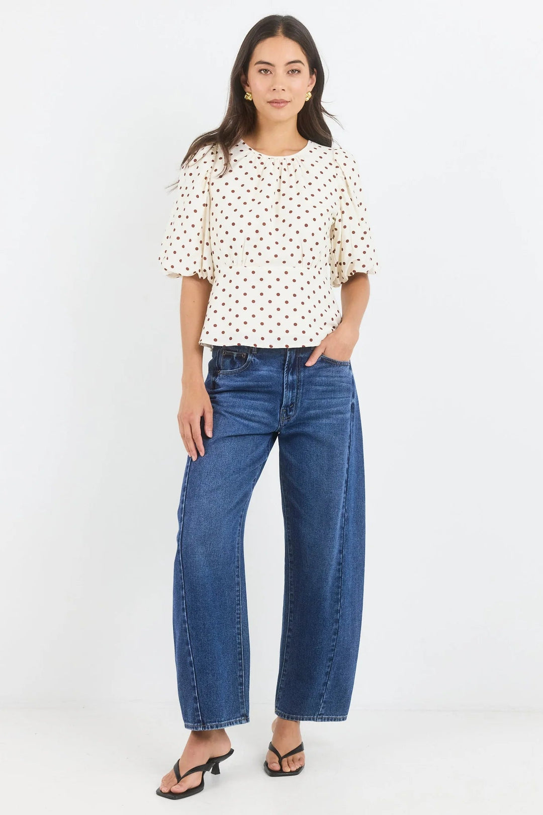 Eventual Ivory Chocolate Polka Dot Mid Sleeve Fit and Flare Top - Chillis & More NZ