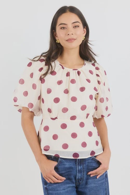 Finali Cream Wine Polka Dot Puff Short Sleeve Top - Chillis & More NZ