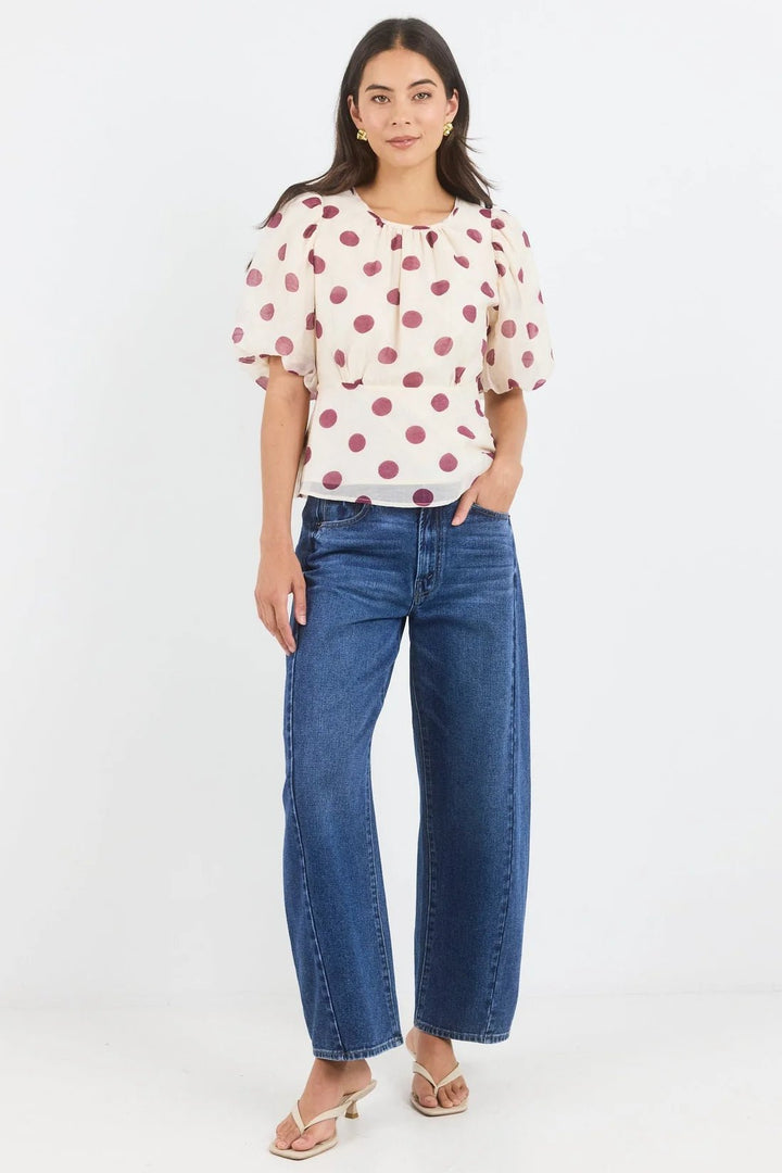 Finali Cream Wine Polka Dot Puff Short Sleeve Top - Chillis & More NZ