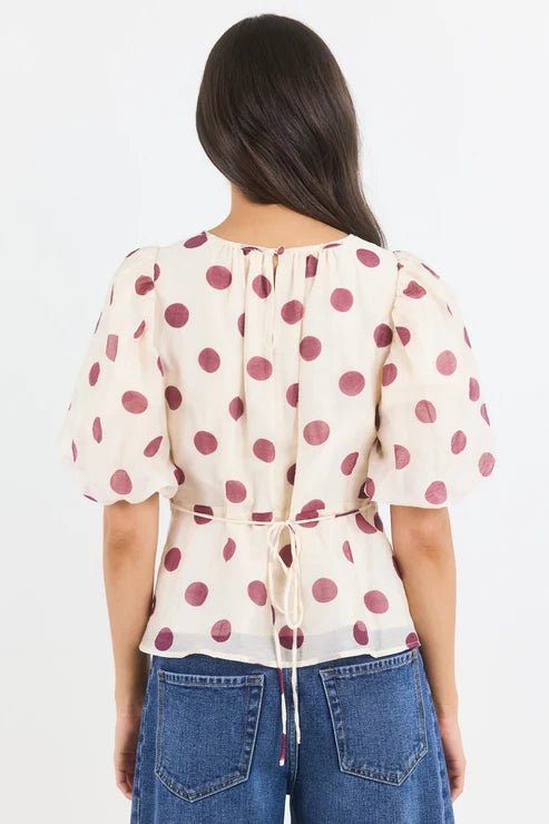 Finali Cream Wine Polka Dot Puff Short Sleeve Top - Chillis & More NZ