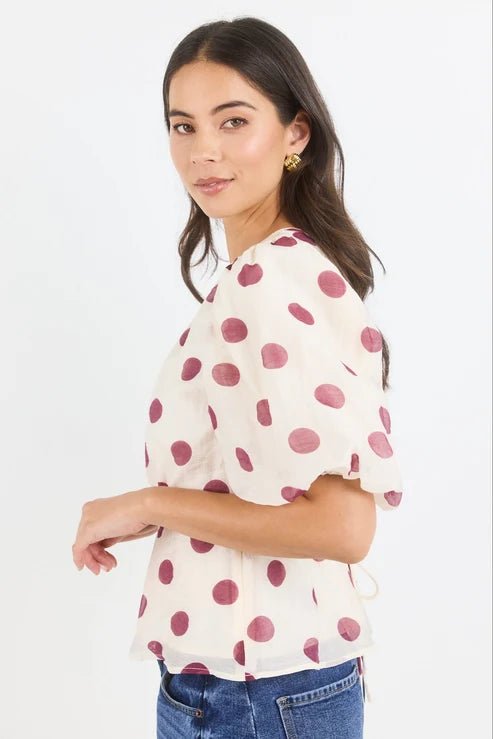 Finali Cream Wine Polka Dot Puff Short Sleeve Top - Chillis & More NZ