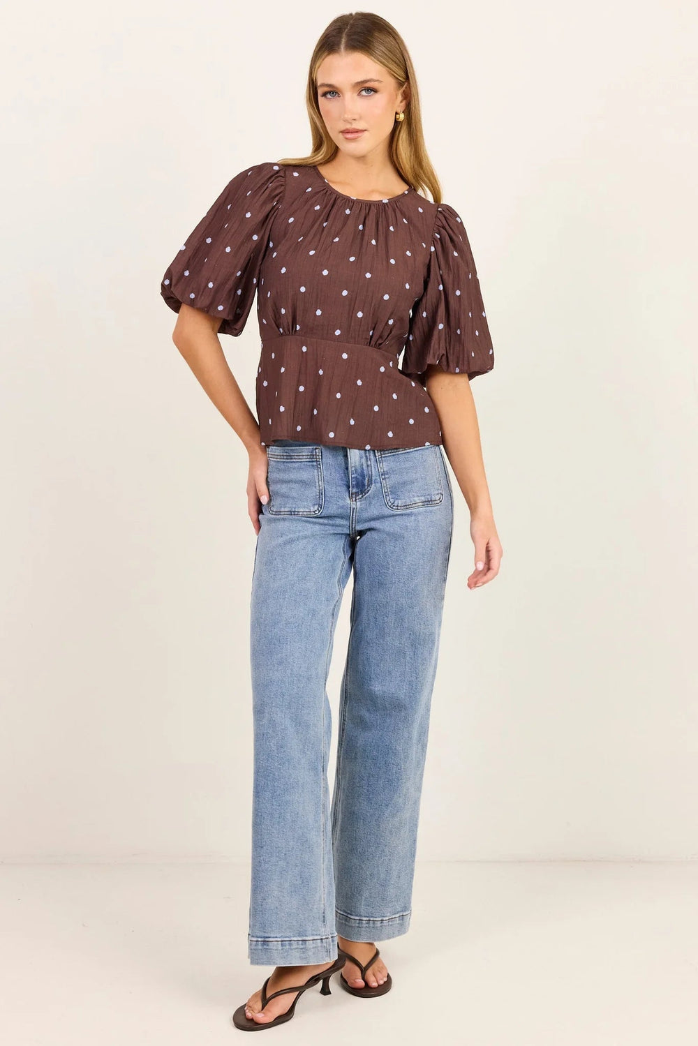 Finali Mocha Blue Polka Dot Short Bubble Sleeve Top - Chillis & More NZ