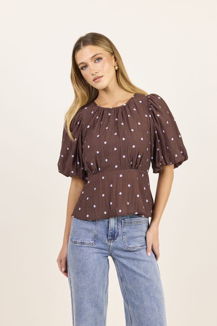 Finali Mocha Blue Polka Dot Short Bubble Sleeve Top - Chillis & More NZ