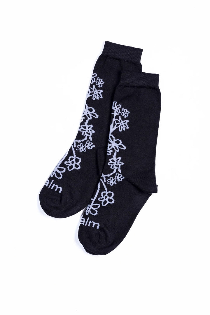 Floral Crew Sock - Black/White - Chillis & More NZ