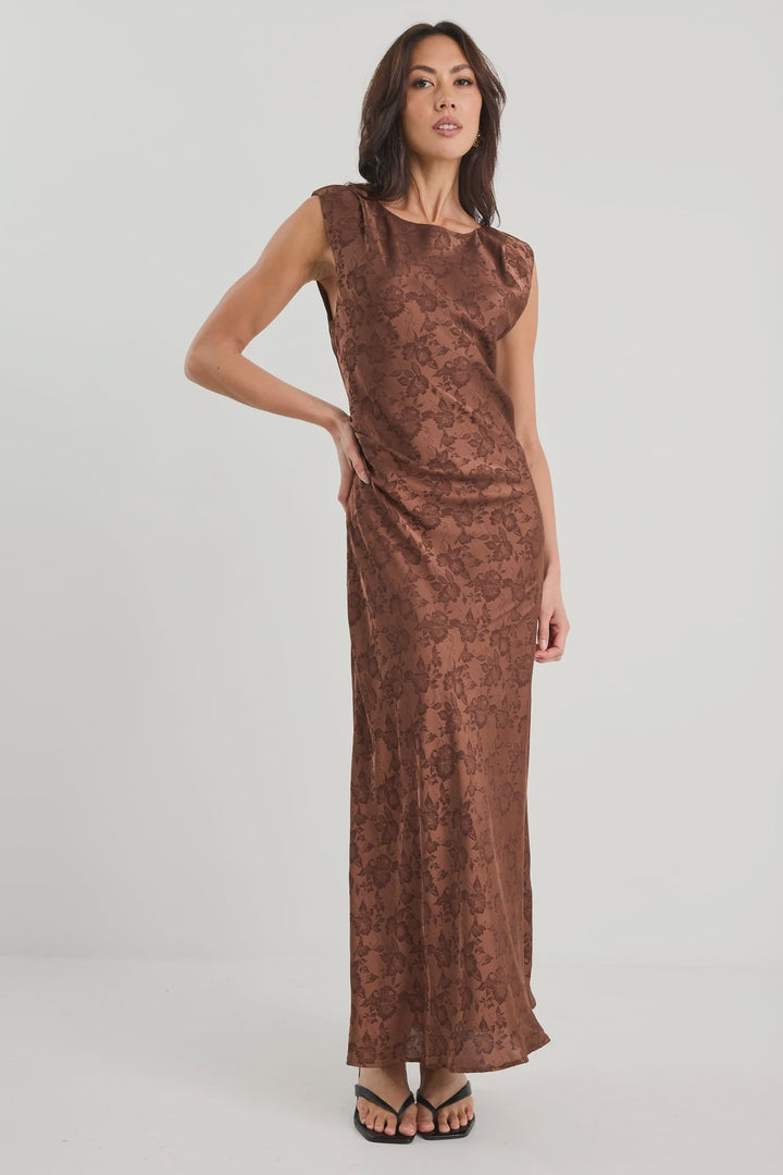 Fruition Mocha Jacquard Satin Bias Maxi Dress - Mocha Jacquard - Chillis & More NZ