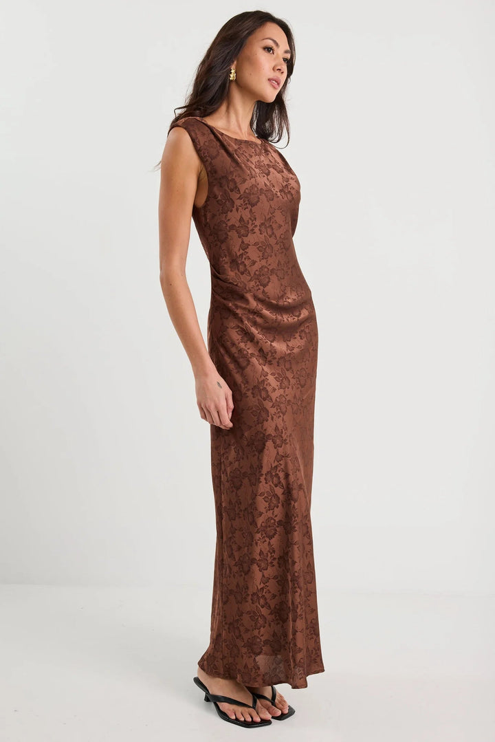 Fruition Mocha Jacquard Satin Bias Maxi Dress - Mocha Jacquard - Chillis & More NZ