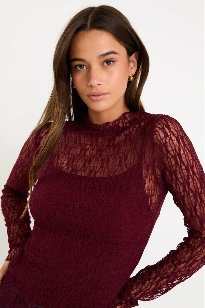 Giving Burgundy Lace Long Sleeve Top - Chillis & More NZ