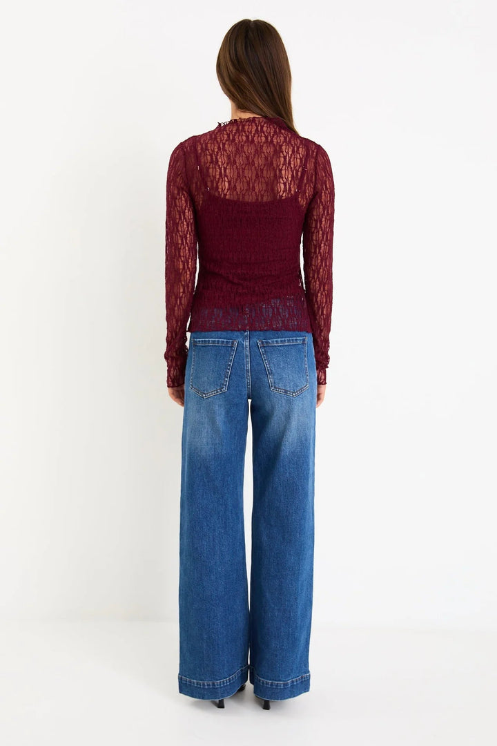 Giving Burgundy Lace Long Sleeve Top - Chillis & More NZ
