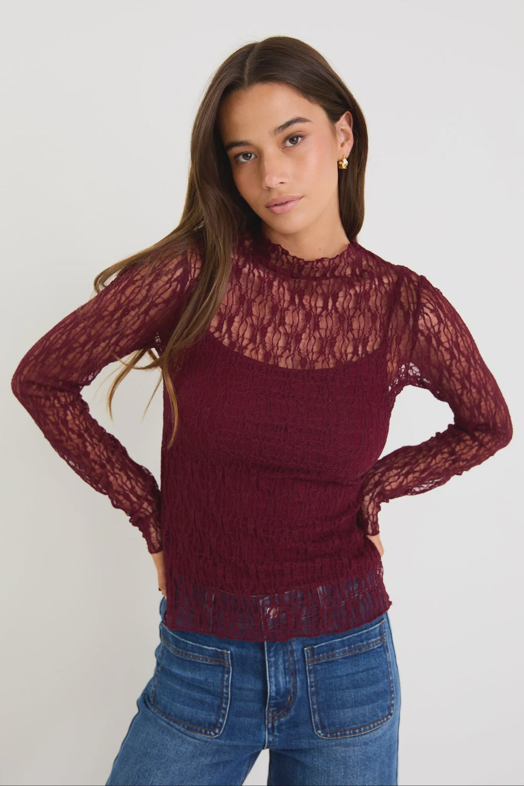 Giving Burgundy Lace Long Sleeve Top - Chillis & More NZ