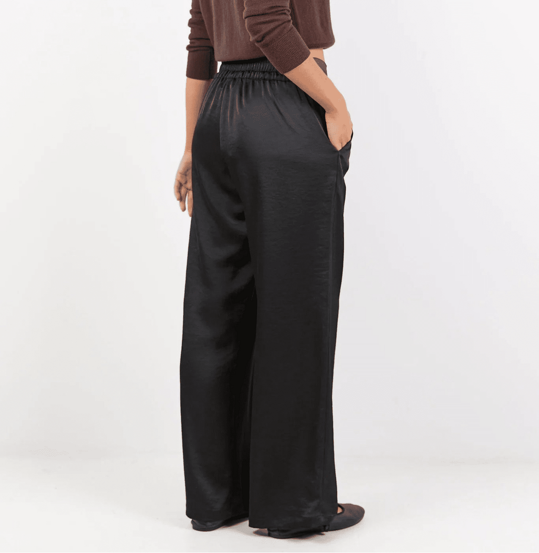 Grandeur Black Satin Elastic Back Wide Leg Pants - Black - Chillis & More NZ