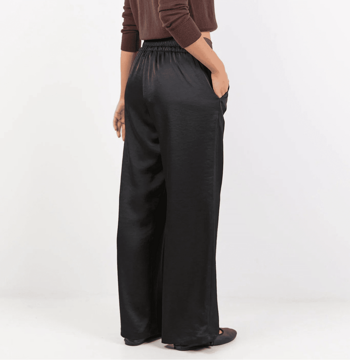 Grandeur Black Satin Elastic Back Wide Leg Pants - Black - Chillis & More NZ