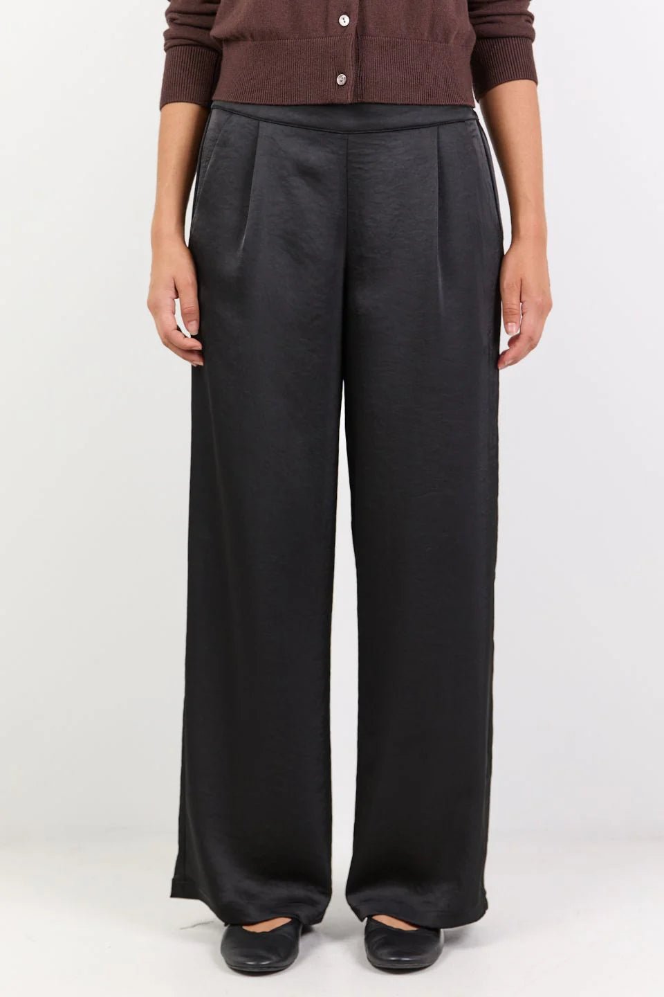 Grandeur Black Satin Elastic Back Wide Leg Pants - Black - Chillis & More NZ