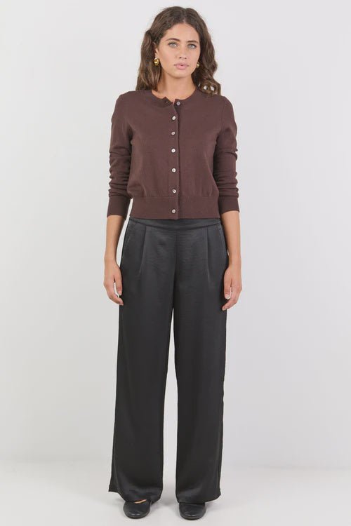 Grandeur Black Satin Elastic Back Wide Leg Pants - Black - Chillis & More NZ