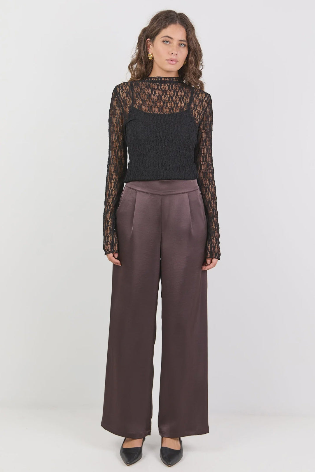 Grandeur Chocolate Satin Elastic Back Wide Leg Pants - Chillis & More NZ