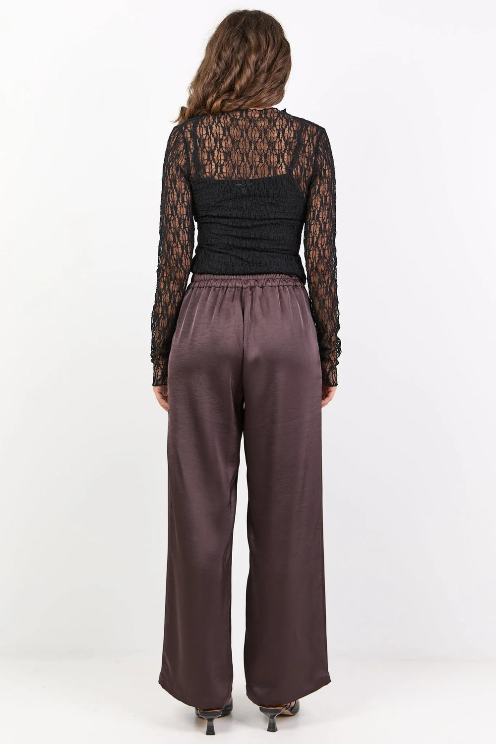 Grandeur Chocolate Satin Elastic Back Wide Leg Pants - Chillis & More NZ