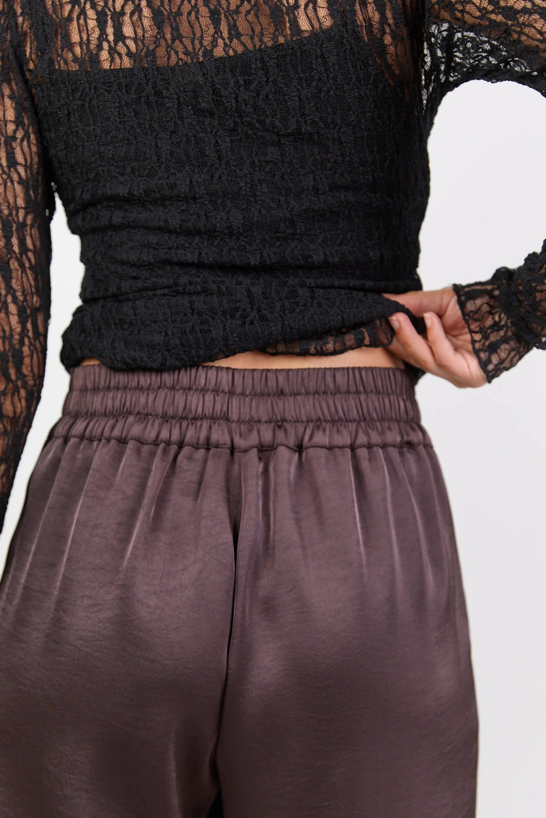 Grandeur Chocolate Satin Elastic Back Wide Leg Pants - Chillis & More NZ