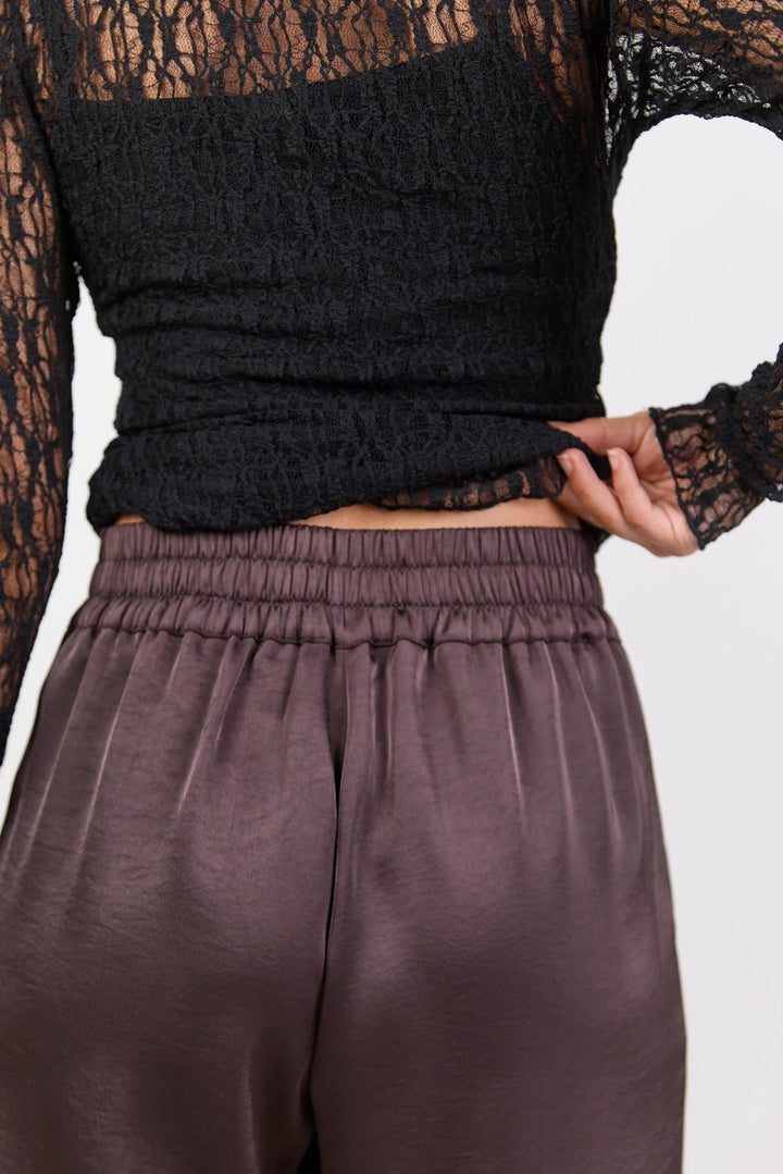 Grandeur Chocolate Satin Elastic Back Wide Leg Pants - Chillis & More NZ