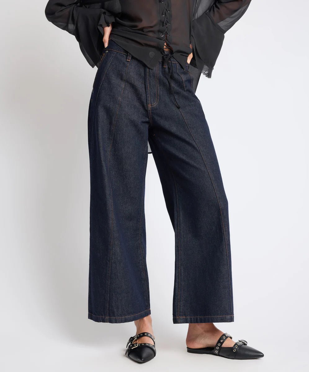 Hayden Mid Waist Wide Leg Cropped Denim Jeans - Raw Indigo - Chillis & More NZ