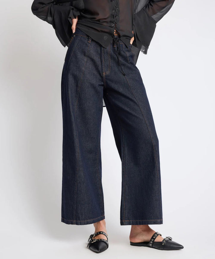 Hayden Mid Waist Wide Leg Cropped Denim Jeans - Raw Indigo - Chillis & More NZ