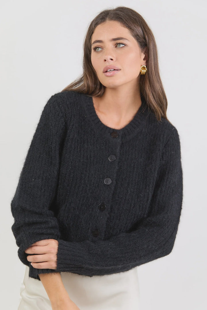 Highlight Black Mohair Blend Crewneck Cardigan - Chillis & More NZ